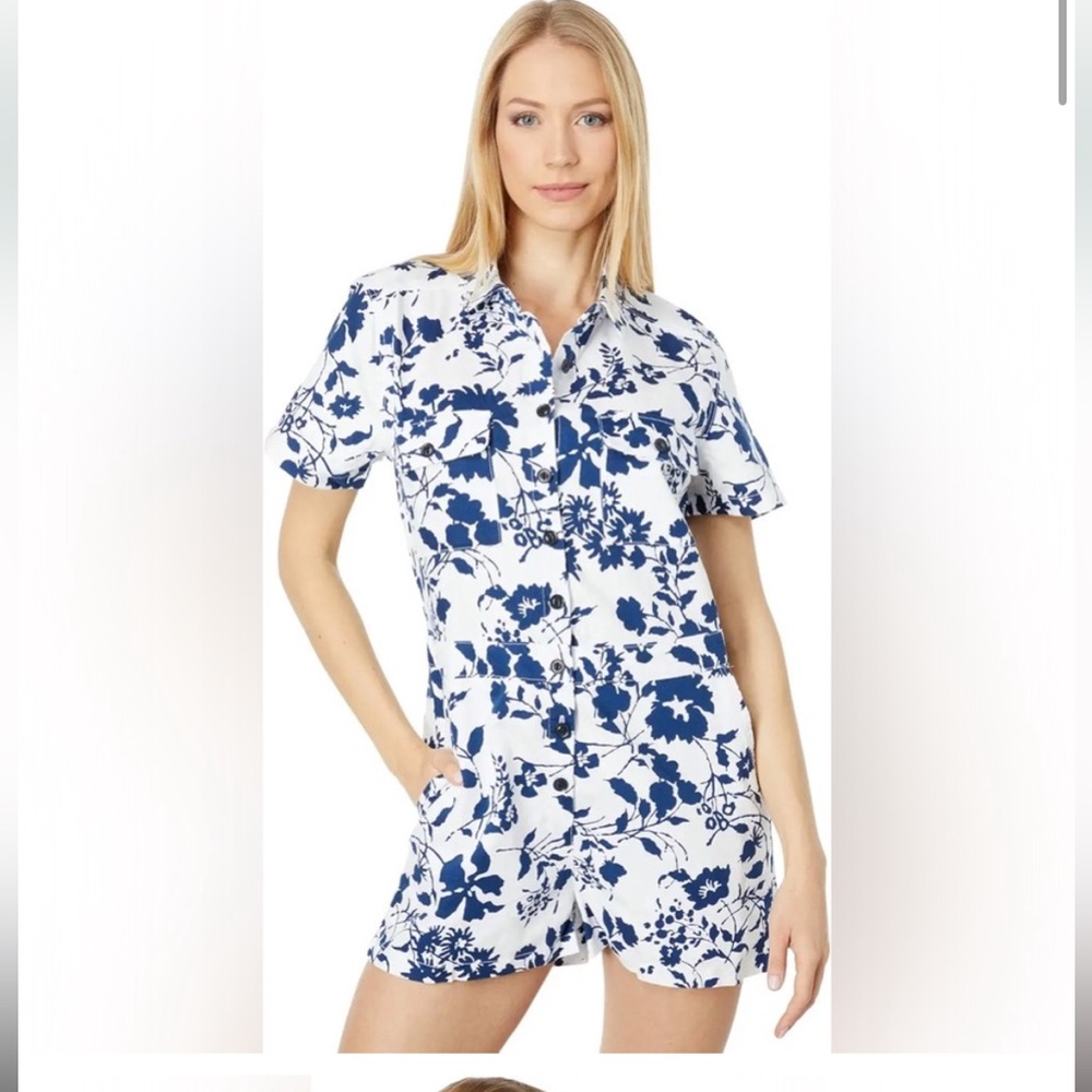 Outerknown S.E.A Suit Utility Floral Shortall Romper Organic Cotton Linen Blend